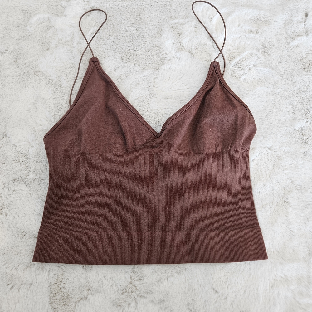 Free People Brown Ribbed Cropped V-Neck Cami Micro Top String Straps XS